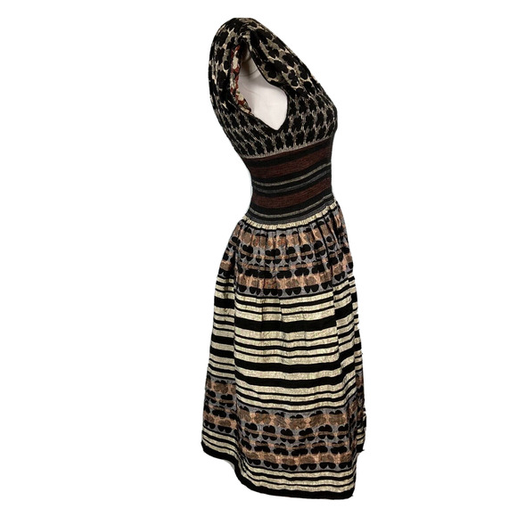 M.S.S.P. Dress Womens Sz S Black Ivory Multi Striped Smocked Cap Sleeve A Line - Picture 2 of 9